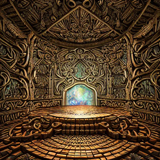 Image similar to Photorealistic magic elven temple made of intricately woven birch woodwork. Hyperdetailed photorealism, 108 megapixels, amazing depth, glowing rich colors, powerful imagery, psychedelic Overtones, 3D finalrender, 3d shading, cinematic lighting, artstation concept art