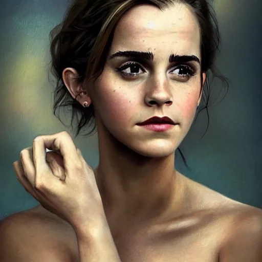 Image similar to A beautiful portrait of Very funny actress Emma Watson looking like an old monkey, Emma Watson actress blended monkey face, like , powerful , magic, thunders, dramatic lighting, intricate, wild, highly detailed, digital painting, artstation, concept art, smooth, sharp focus, illustration, art by artgerm and greg rutkowski and alphonse mucha, footage