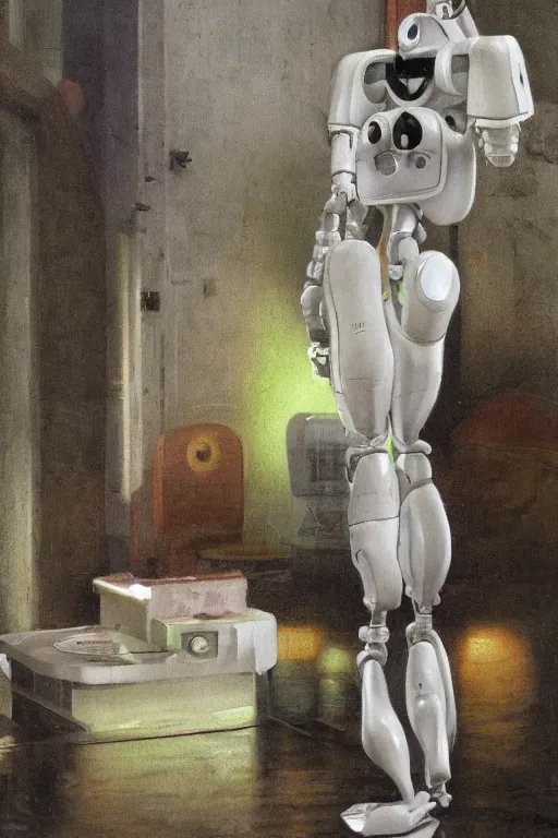 Image similar to a scene with a anime figurine that looks like a white plastic industrial robot with fluo colored details covered in pastel colors, moody light, flemish painting