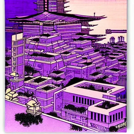 Prompt: purple cyberpunk city, by Hokusai