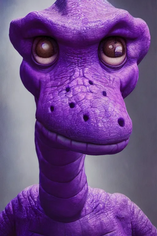 Image similar to barney the dinosaur in a dim purple lit room, melancholy, smoky, oil on canvas, intricate, portrait, 8 k highly professionally detailed, hdr, cgsociety