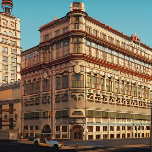 Image similar to wes anderson building facade highly detailed, photo, artstation, 3 d render, sharp focus, art by tokiolab and alphonse mucha, 8 k, ultra realistic, lens flare, glow, soft lighting, hyperrealistic, unreal engine