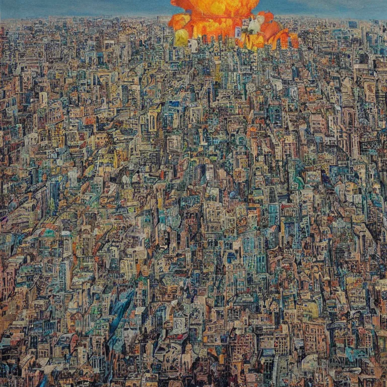 Prompt: Nuclear explosion in a densely populated city with 20 million people, painted by Pablo Amaringo