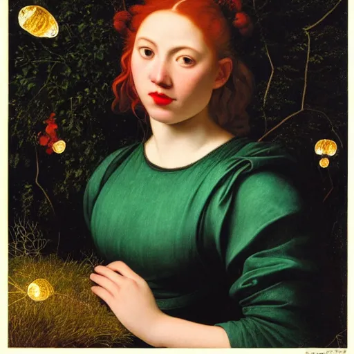 Image similar to portrait of a young woman, among the lights of golden fireflies and nature, long loose red hair, intricate details, deep green eyes, hint of freckles, round gentle face, cheeky smile with red lips, deep focus, smooth, sharp, golden ratio, hyper realistic art by artemisia lomi gentileschi and caravaggio and artgerm