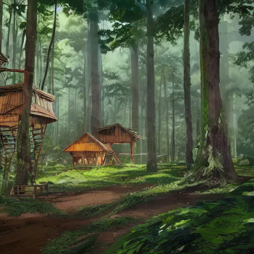 Image similar to concept art painting of treehouses made out of trees, walkways between trees, trees with doors and windows in a deep forest, realistic, detailed, cel shaded, in the style of makoto shinkai and greg rutkowski and james gurney