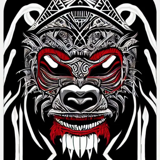 Image similar to barong family member, wiwek, mara demon, one single tribe member, jungle, one single mask, dark, ancient warrior, gorilla, lizard, tribal, black and white, red eyes, art by dan mumford