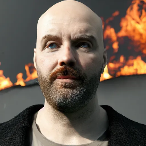 Image similar to an artstation trending portrait painting of a bald english man standing in front of a building on fire, octane render