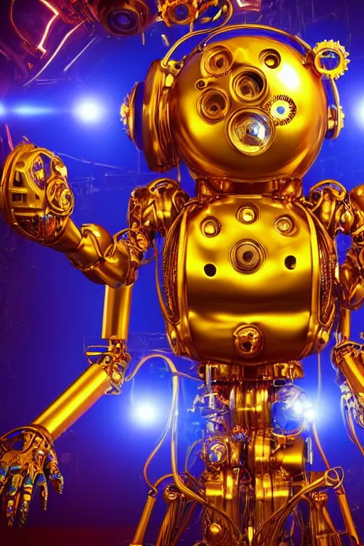 Image similar to portrait photo of a giant huge golden and blue metal humanoid steampunk robot female singer with a human face and gears and tubes, in the foreground is a big red glowing microphone, eyes are glowing red lightbulbs, shiny crisp finish, 3 d render, 8 k, insaneley detailed, fluorescent colors, background is multicolored lasershow