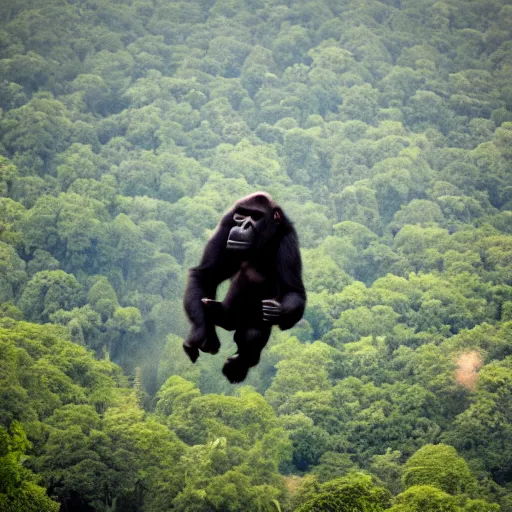 Image similar to high quality photo of a gorilla parachuting, realism, 8k, award winning photo