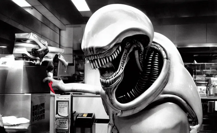 Prompt: Xenomorph as mcdonald's employee