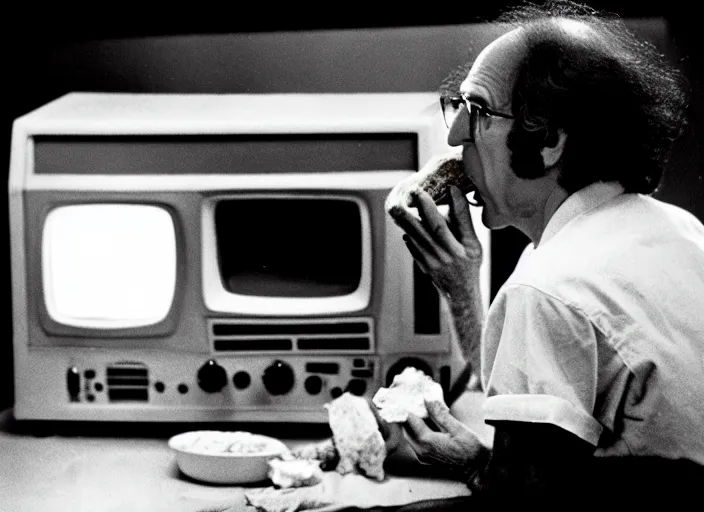 Image similar to a scene from 1 9 8 2 the thing larry david eating a sandwich, vhs distortion, cathode ray tube distortion, folk horror, hauntology, 8 k, 8 5 mm f 1. 8, studio lighting, rim light, right side key light