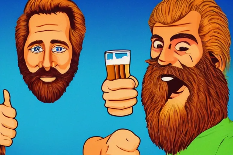 Prompt: a man holding a beer giving a thumbs up with a long beard, artwork in the style of 80's movie poster airbrushing