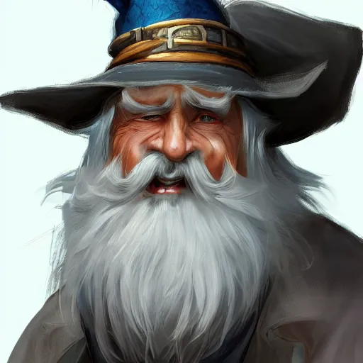 Prompt: character concept art of a kind old wizard with a long white beard looking a confused, holding a pet chicken perched top of his hat, wearing a blue robe, grey eyes, realistic, detailed, trending on ArtStation, by Tony Sart