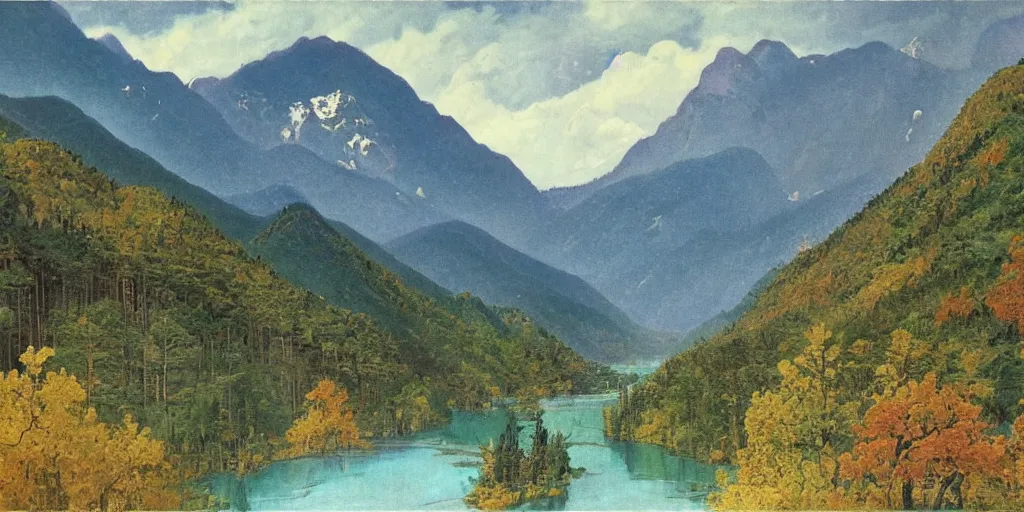 Image similar to art by abbott fuller graves of the cinematic view of the jiuzhaigou valley forest