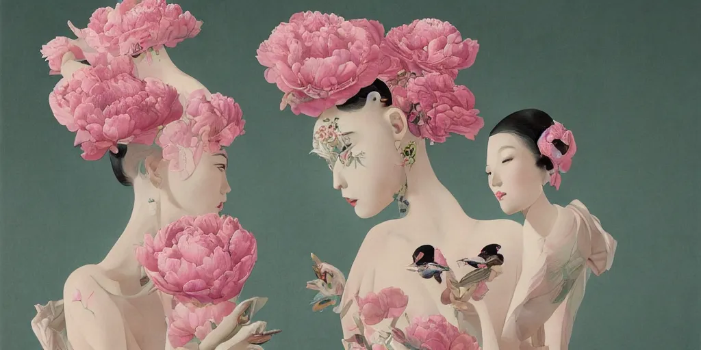 Image similar to breathtaking detailed concept art deco painting blend of pink short hair goddesses of peonies by hsiao - ron cheng with anxious piercing eyes, vintage illustration pattern with bizarre compositions blend of flowers and fruits and birds by beto val and john james audubon, exquisite detail, extremely moody lighting, 8 k