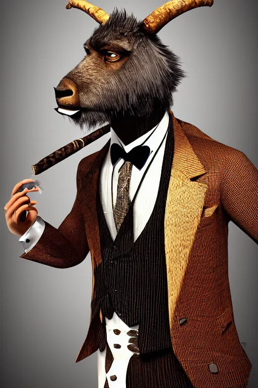 Prompt: beautiful portrait commission of a male furry anthro mountain goat wearing a pinstripe suit and waistcoat, smoking a cigar, hooves!, award-winning character art, detailed, trending on artstation