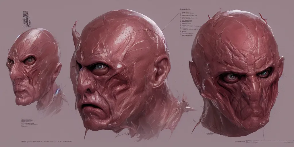 Image similar to flesh mask design, character sheet, Moebius, Greg Rutkowski, Zabrocki, Karlkka, Jayison Devadas, Phuoc Quan, trending on Artstation, 8K, ultra wide angle, zenith view, pincushion lens effect.