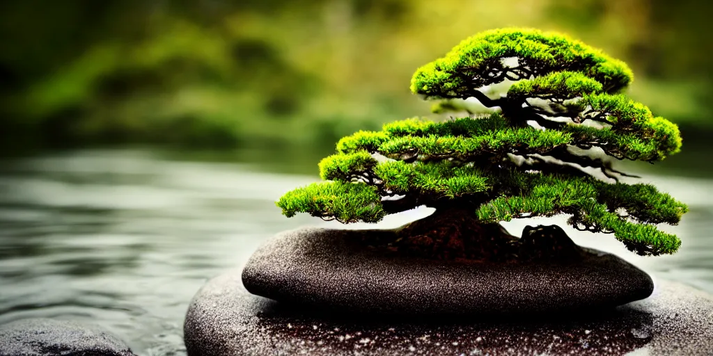 Prompt: photo bonsai cedar on a small angular rock in the water, gold hour, soft lighting, rain, medium full shot, volumetric lighting, beautiful, ultra detailed, 3 5 mm, fujifilm, cinematic