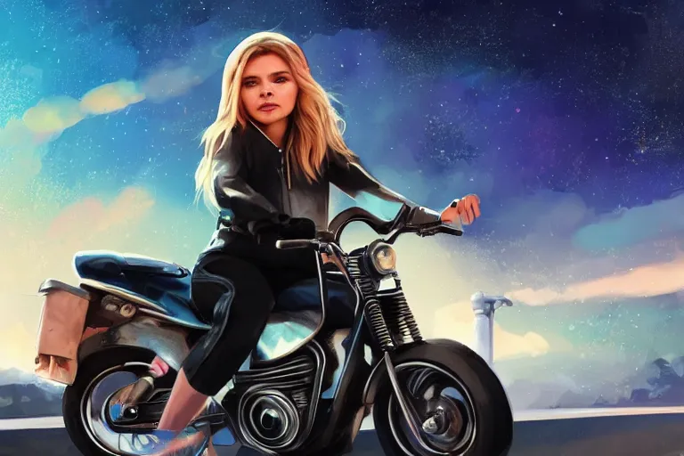 Image similar to chloe grace moretz is riding a motorbike, digital painting, artstation, the space background, concept art, illustration,