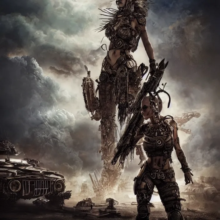 Image similar to beautiful apocalyptic woman with mohawk, standing on mad max panzer tank, hyper-detailed, smooth, sharp focus, 4k ultra hd, fantasy dark art, tank girl, artgerm, artstation, octane render, elegant, detailed digital painting, apocalyptic art, Francis bacon, gears of war, unreal engine, 3d depth map