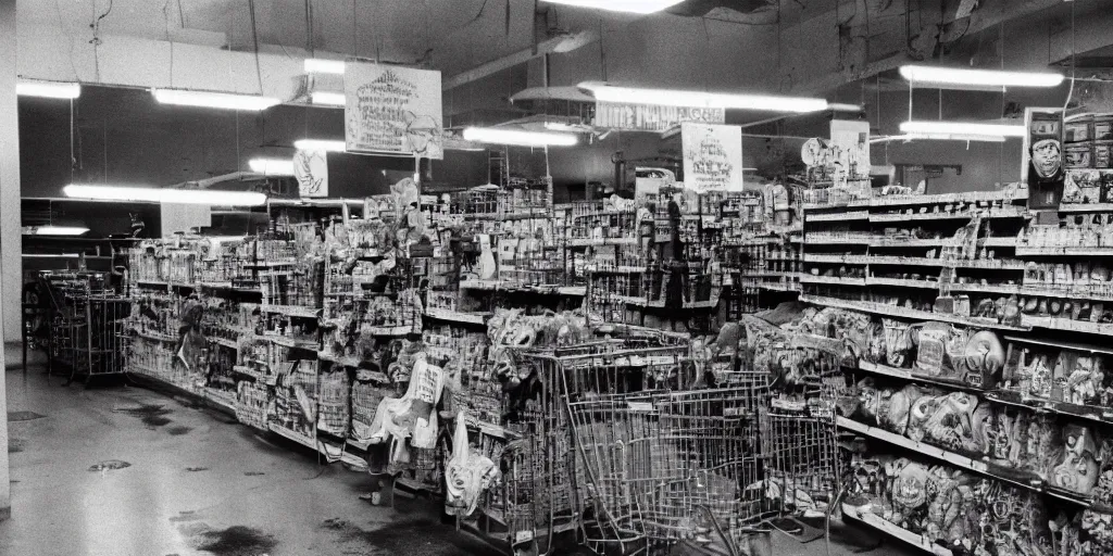 Prompt: studio happy creepy mud people inside a supermarket by bob bottin and cronenberg, horror grotesque, realistic detailed photography, filth and grim, colorized 1 9 9 0's