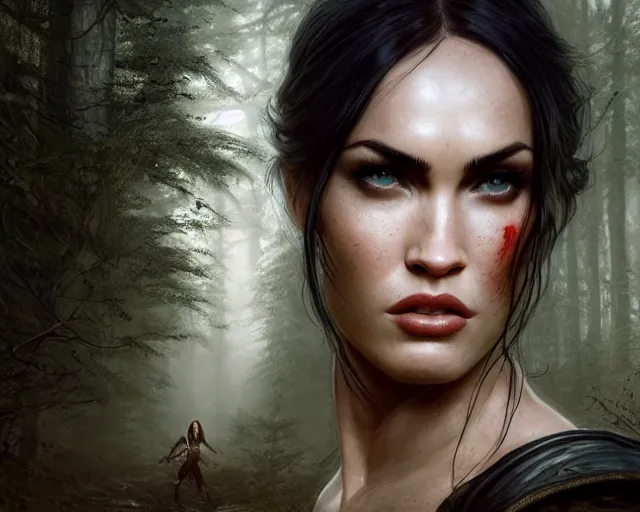 Image similar to 5 5 mm portrait photo of a real life tough looking megan fox as ciri with a large scar along her left cheek, in a magical forest. dark atmosphere. art by greg rutkowski. highly detailed 8 k. intricate. lifelike. soft light. nikon d 8 5 0.