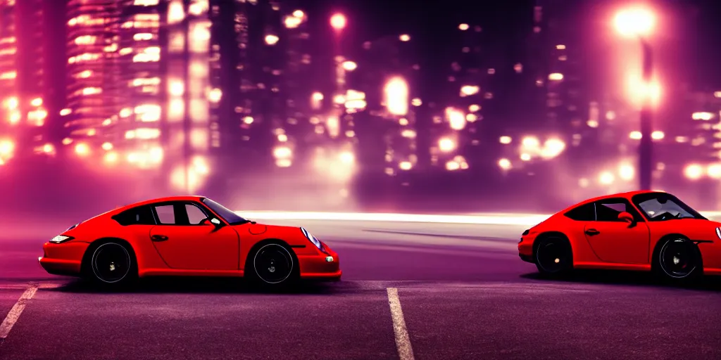 Image similar to Red Porsche sports car driving on a deserted city street at night time, fog, purple lighted street, wide angle, cinematic, hard focus, retro-wave vibes, grainy, soft motion blur, VHS Screencap