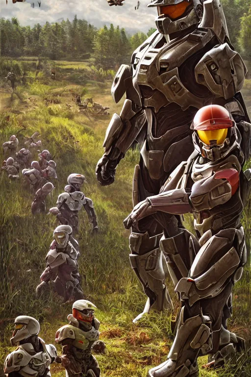 Prompt: easter egg hunt with master chief from halo and kids, picking up easter eggs, egg in hand, oil on canvas, intricate, portrait, 8 k highly professionally detailed, hdr, cgsociety