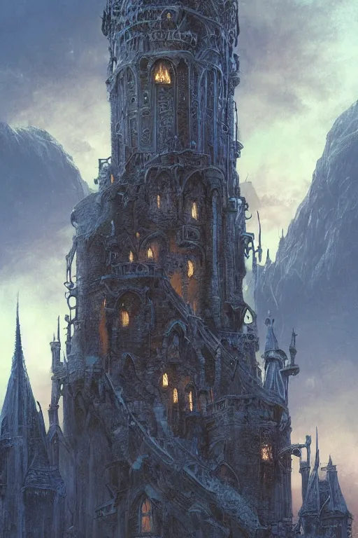Prompt: a highly detailed magical wizard's tower, elegant, intricate, digital painting by alan lee, dan mumford, craig mullins, andrea rocha, hubert robert, syd mead.