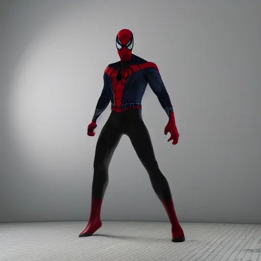 Image similar to black spider - man suit with white web lining, cinematic, volumetric lighting, realistic, hyperdetailed, photorealistic, photograph