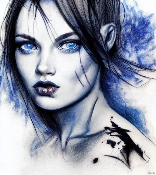 Image similar to tattoo design sketch of a beautiful blue - eyed woman face with a faded background of beautiful mountains and nature on her side, hyper - realistic, in the style of den yakovlev, amazing detail, black and white