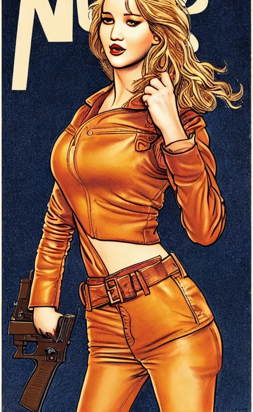 Prompt: Milo Manara comic cover art, Jennifer Lawrence with guns, smile, direct gaze, brown leather jacket, jeans, full body, building on fire, neon colors, detailed, 4k