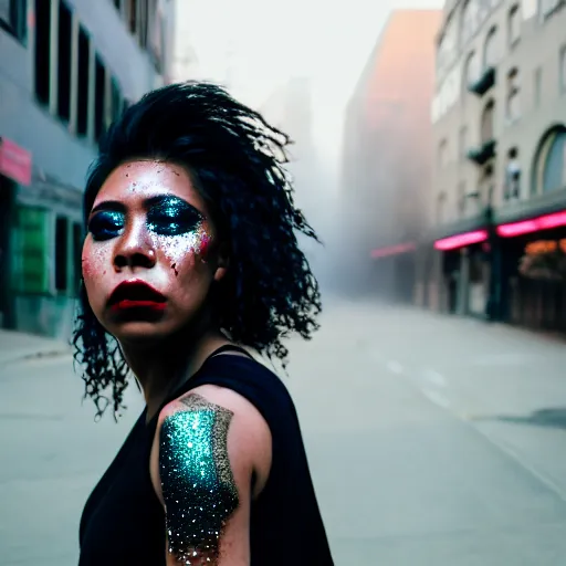 Prompt: Cinestill 50d candid photography of a city on fire, extreme wide shot a techwear mixed woman wearing thick mascara and dark glitter makeup crying outside of a city on fire, tattoos, extreme long shot, full shot, blurry, 4k, 8k, hd, full color