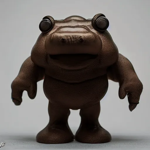 Image similar to funko pop doll of a scary lovecraftian giant mechanized hippo taken in a light box with studio lighting, some background blur