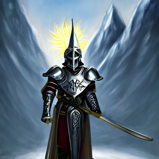 Image similar to paladin wearing silver amour with mirror finish, wielding a longsword that gleams like the sun. he is wearing a teutonic helmet, inside his eyes glow like the sun. background of snowy mountains. fantasy painting.