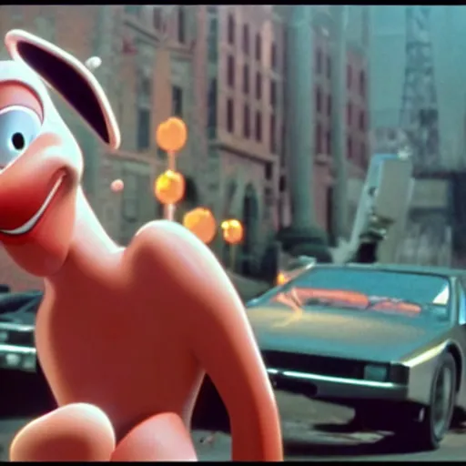 Prompt: who framed roger rabbit, cinematic still, roger rabbit in a flying delorean, high quality, futuristic