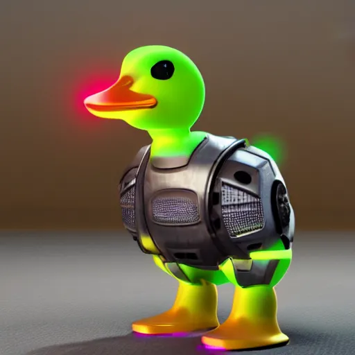 Image similar to a cybertronic duck, metallic, glowing eyes, unreal engine