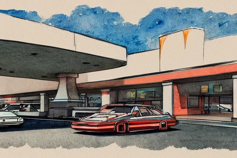 Image similar to a pencil and watercolor art of a beautiful luxurious gas station, retro and 1 9 8 0 s style, beautiful architecture, retro coloring, retro and 1 9 8 0 s style, retro and 1 9 8 0 s filter