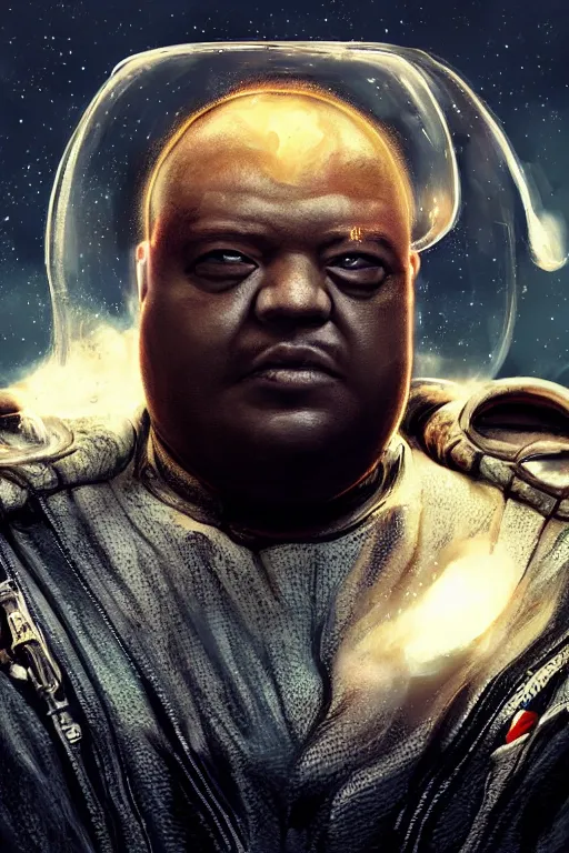 Image similar to portrait of a black man as baron harkonnen wearing leather spacesuit, detailed, sunshine, nebula space background, illustration by normal rockwell, artstation character art, adebanji alade, concept art, greg rutkowski