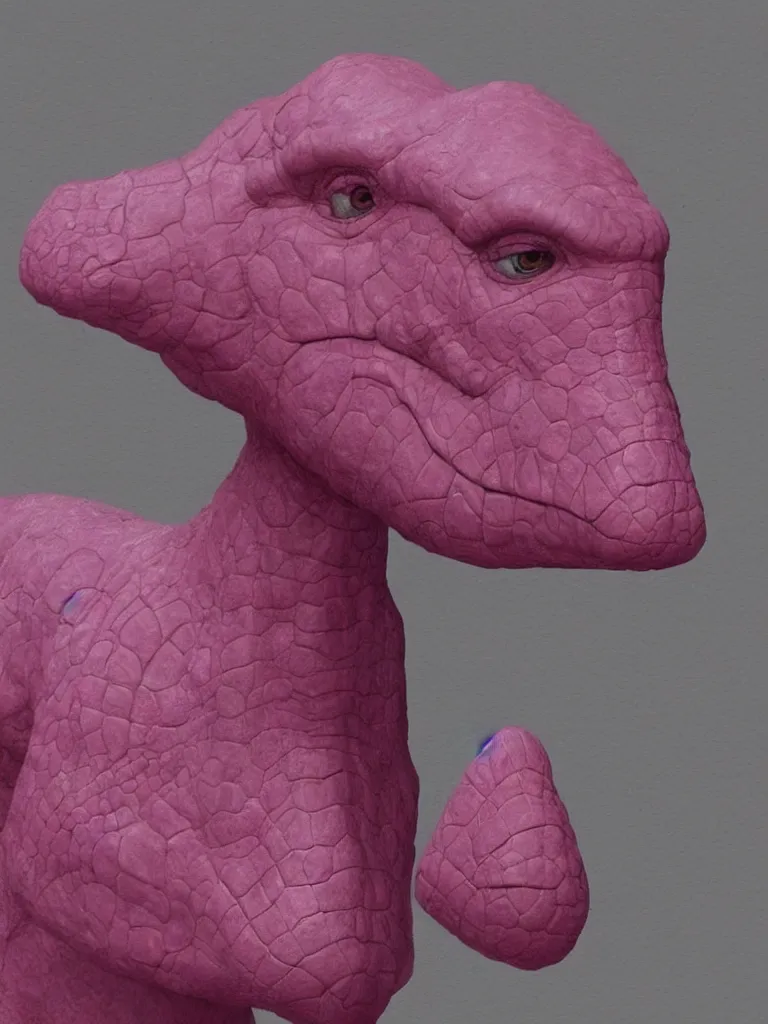 Prompt: a pink dinosaur with a human head with photorealistic level of detail