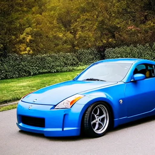 Prompt: a nissan 3 5 0 z with blue tires