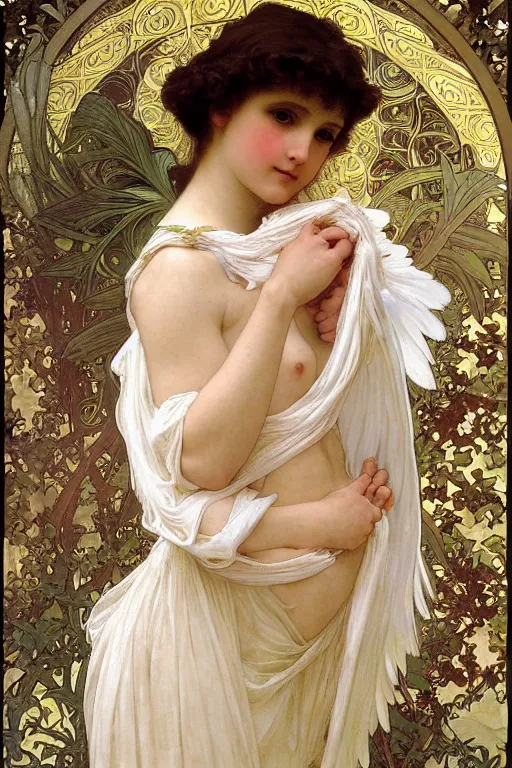 Image similar to portrait of a beautiful angel with large feather wings, intricate, elegant, hyperdetailed by alphonse mucha and william - adolphe bouguereau and john william waterhouse