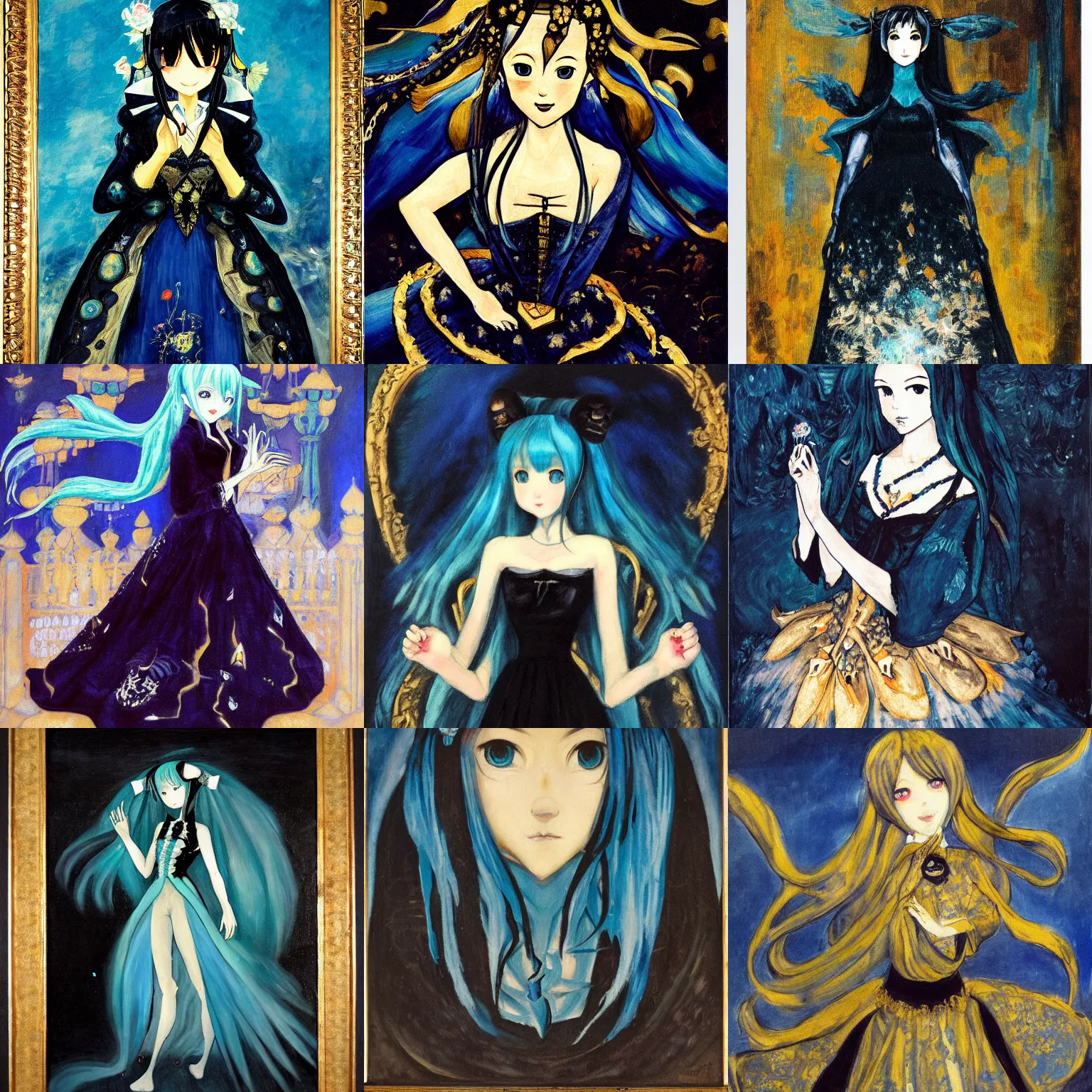 Prompt: A very soft and dark haunting oil painting of Hatsune Miku in a black golden ornate wedding dress, deep blue background, by Oskar Kokoschka, ethereal, evil presence, haunted painting