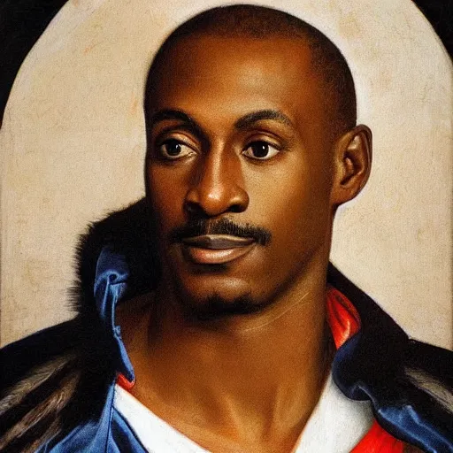 Prompt: british king michael jordan, portrait, renaissance painting, feathered cap, art gallery, famous painting