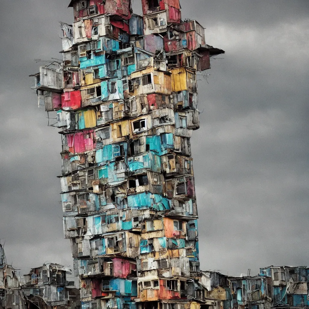 Image similar to close - up view of a tower made up of colourful makeshift squatter shacks with bleached colours, moody cloudy sky, dystopia, mamiya, very detailed, photographed by bruno barbey