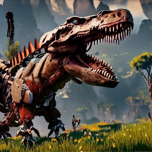 Image similar to gameplay of horizon zero dawn, six - fi mechanical tyrannosaurus rex, highly detailed