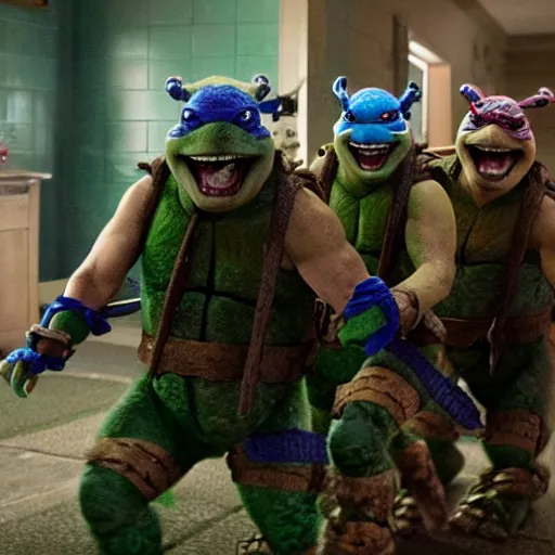 Image similar to movie still of ninja turtles in The Shining