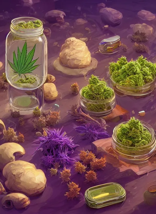 Image similar to detailed surreal digital painting of a mason jar full of cannabis buds, mushrooms and pills by artstation, fanart behance hd by jesper ejsing, by rhads, makoto shinkai and lois van baarle, ilya kuvshinov, rossdraws, purple haze, global illumination, blacklight, detailed and intricate environment