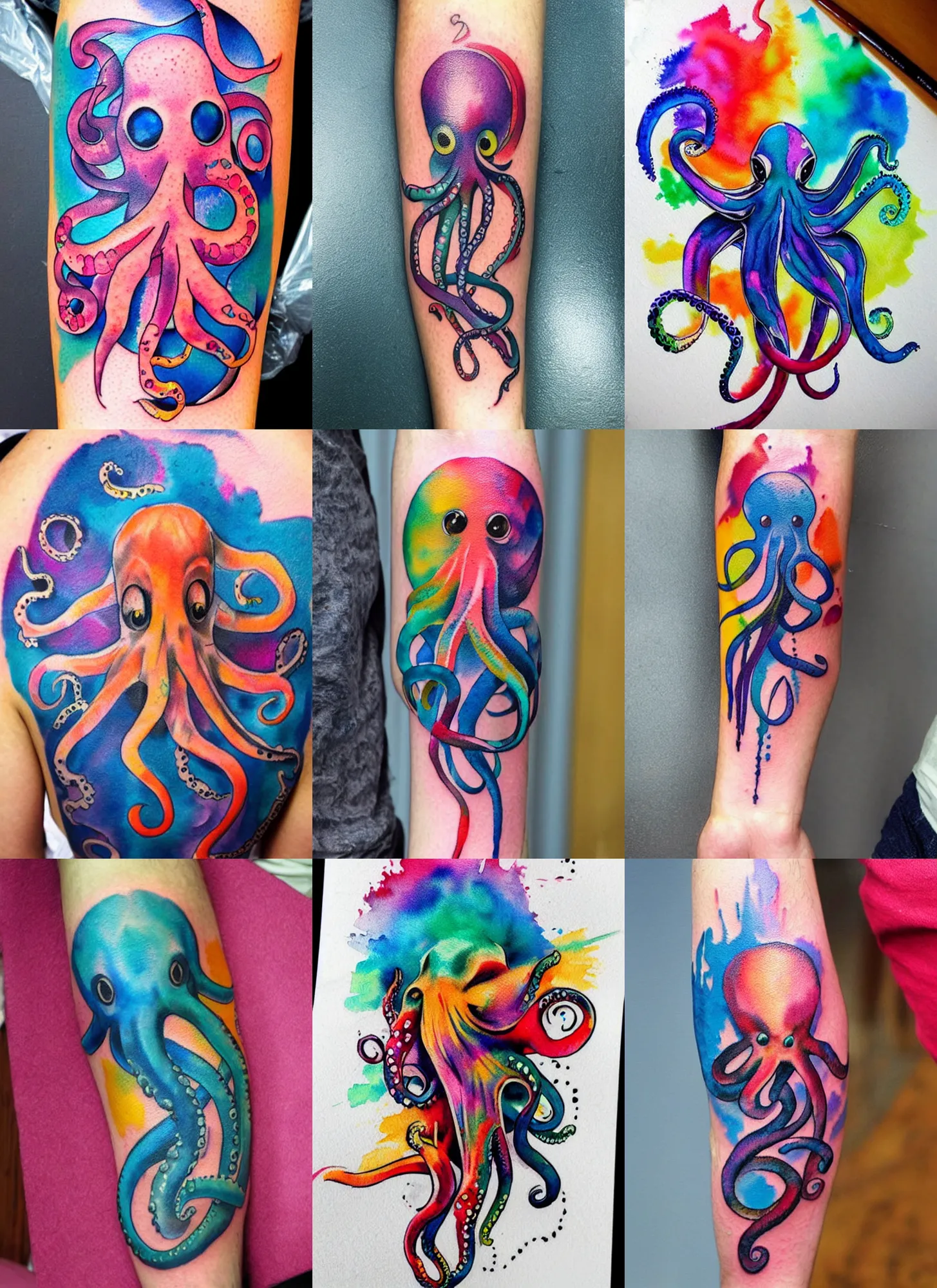 Prompt: colorful watercolor tattoo design of an octopus, vibrant
