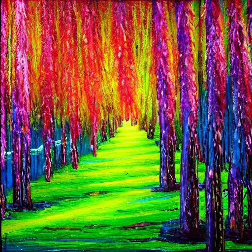 Image similar to colorful willow trees spring landscape magical realism detailed luminescent painting